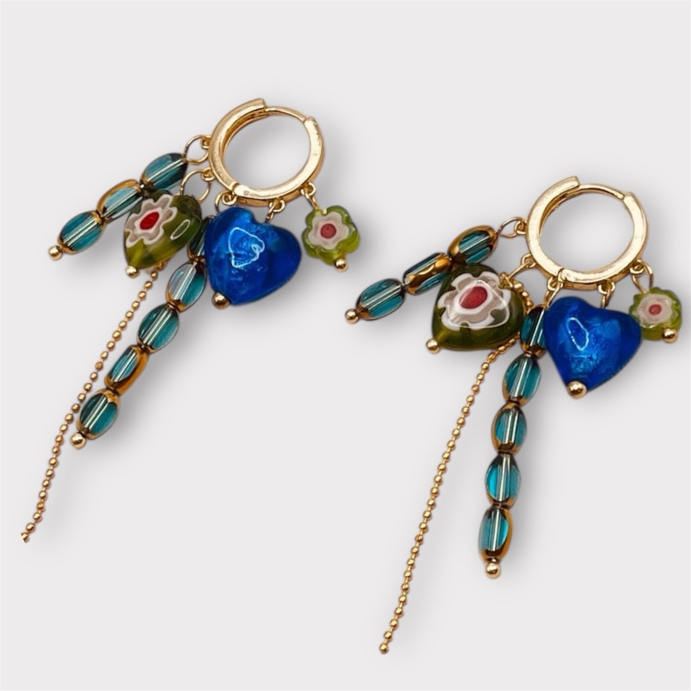 Gold- Blue and Green Heart Flower Charms Dangle Drop Hoop Earrings